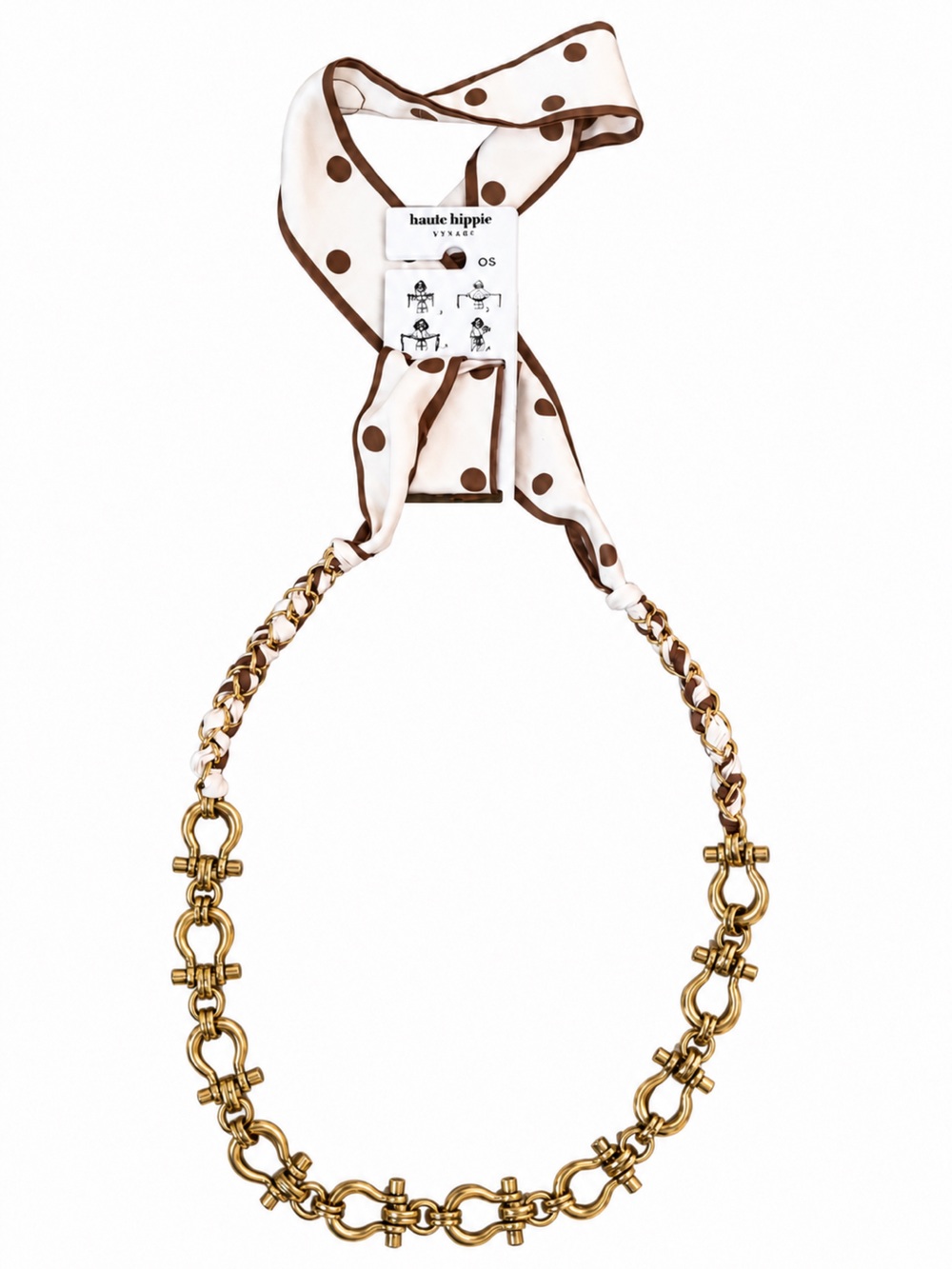 Haute Hippie Gold Chain Belt with Brown & Cream Polka Dot Scarf